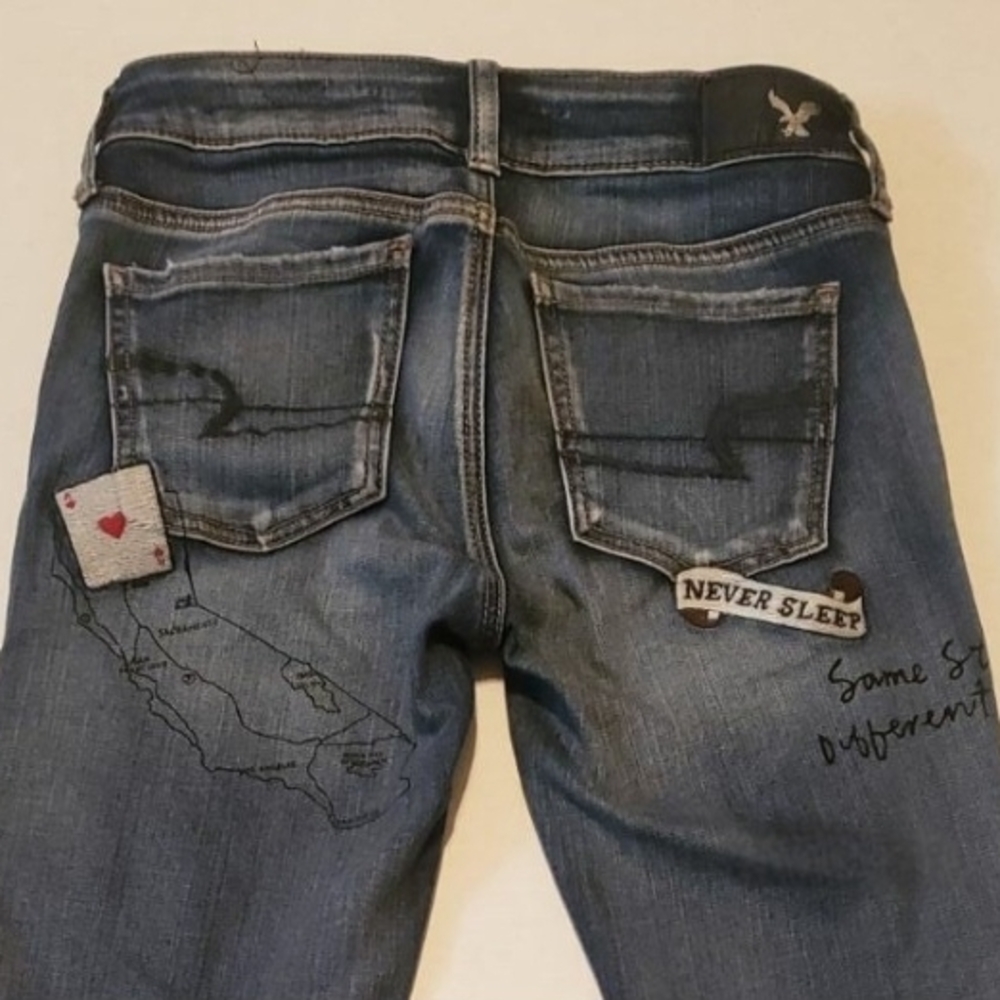 American Eagle Outfitters Blue Skinny Jeans with Unique Patches